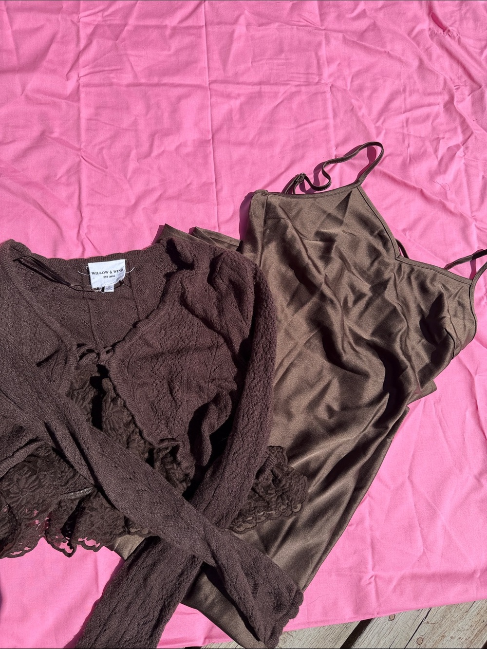 Willow & Clay Brown Satin Slip Dress with Matching Brown Knit Cardigan